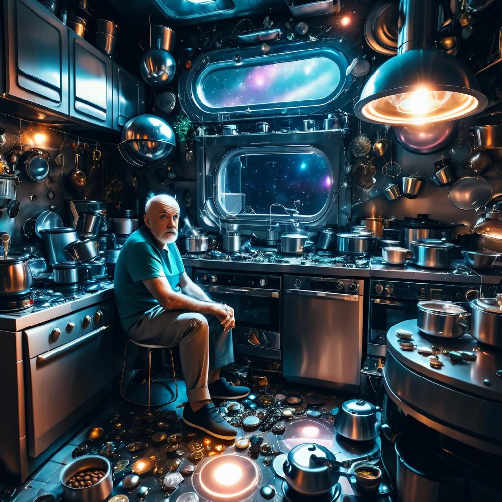 Grumpy Alien Chef in a Cluttered Kitchen