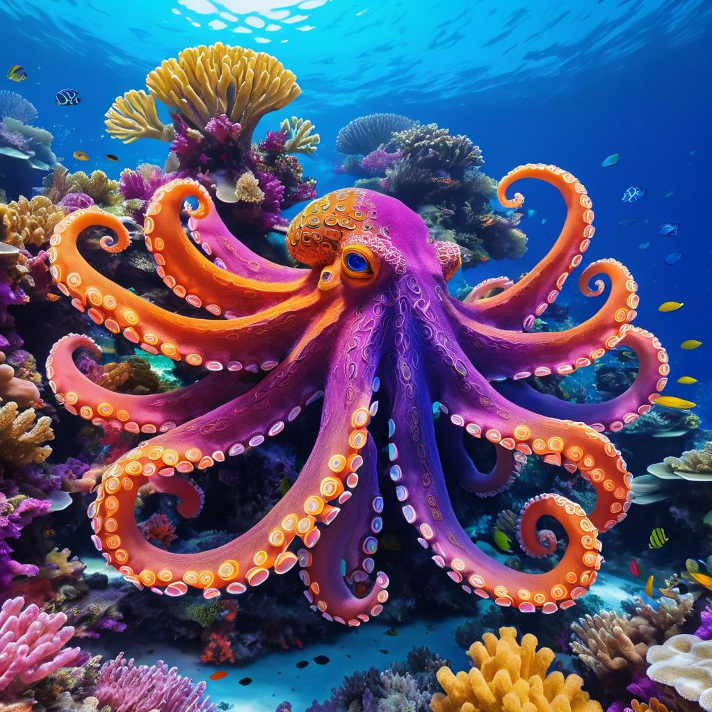 Giant Octopus Among Vibrant Coral Reefs