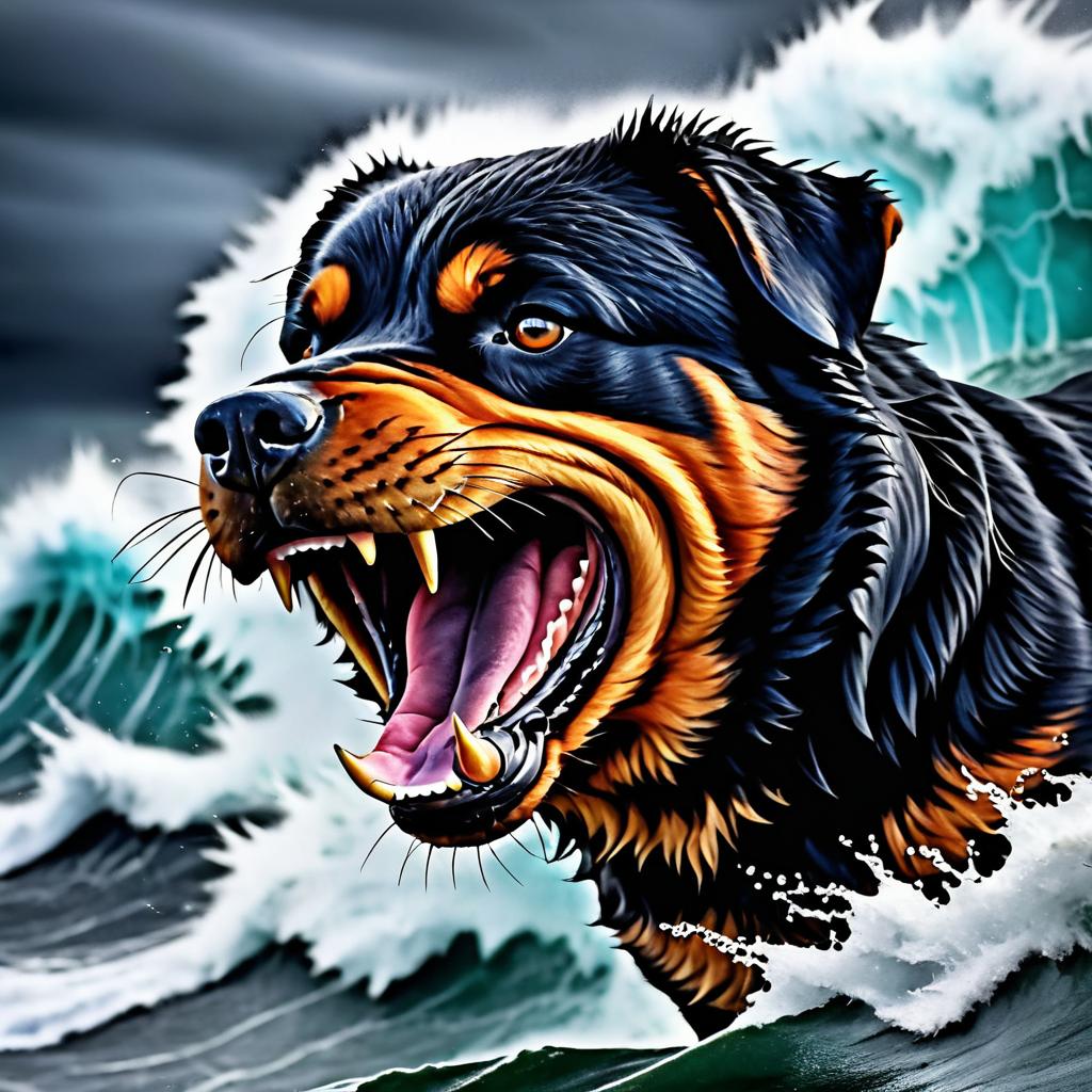 Intense Rottweiler Close-Up with Ocean Storm