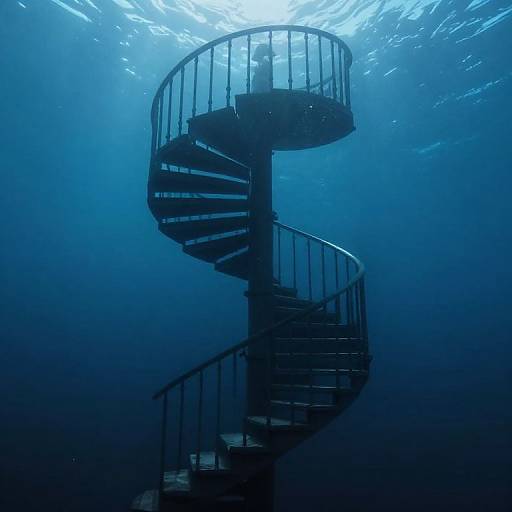 Photograph of a dark, underwater spiral staircase silhouetted against a blue, glowing, light-filled ocean background.