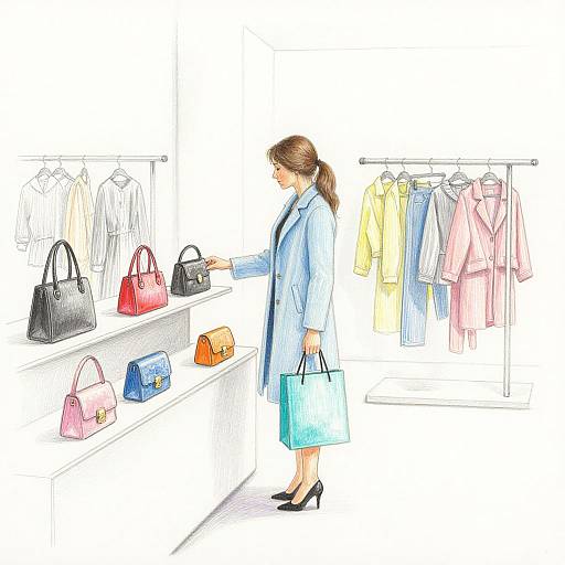 Illustration of a woman in a blue coat and heels, holding a blue handbag, browsing colorful handbags and clothes in a store.