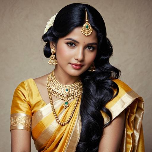 Indian Woman in Traditional Silk Saree and Gold Jewelry