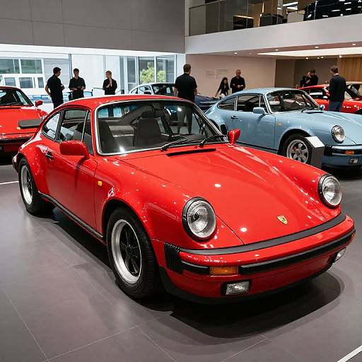 Photograph of a bright red classic Porsche 911 in a modern showroom, surrounded by other vintage cars, with people in the background.