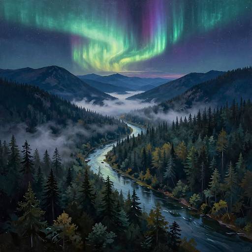 Photograph of a mesmerizing northern lights display over a misty, forested river valley with a winding river and dense trees.