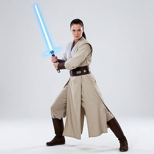 Photograph of a woman in a beige Jedi robe, black belt, and boots, holding a glowing blue lightsaber, posing aggressively against a white background