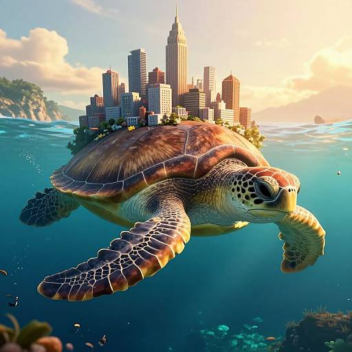 Digital artwork: A detailed, realistic sea turtle with a textured shell swims beneath a surreal, cityscape-island in a vibrant, blue ocean. Sun