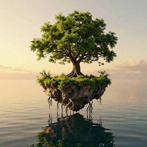 Photorealistic digital art of a floating tree island with lush green foliage, rooted in calm, reflective water at sunset.