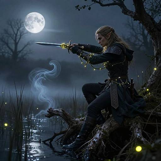 Elven Ranger in Foggy Moonlit Bog