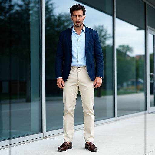 Photograph of a handsome, bearded man in a navy blazer, white shirt, beige pants, and brown shoes, standing confidently in front of