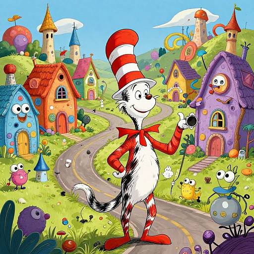 Colorful cartoon illustration of a white, red-striped cat in a tall hat standing on a winding road through whimsical, colorful houses with playful, round