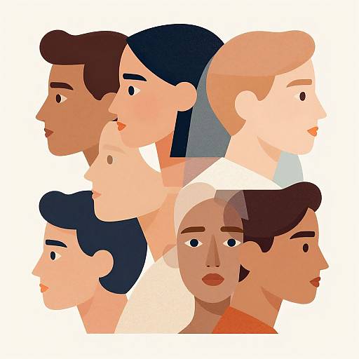 Digital illustration of six diverse, stylized human heads in profile, varying skin tones and hair colors, overlapping against a white background.