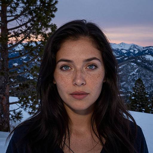 Photograph of a young woman with blue eyes, freckles, and long dark hair, standing outdoors in a snowy mountain landscape at sunset.