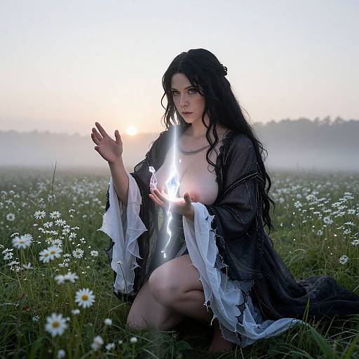 Photograph of a dark-haired woman in a sheer black robe, kneeling in a misty field of white daisies, holding a glowing, eth