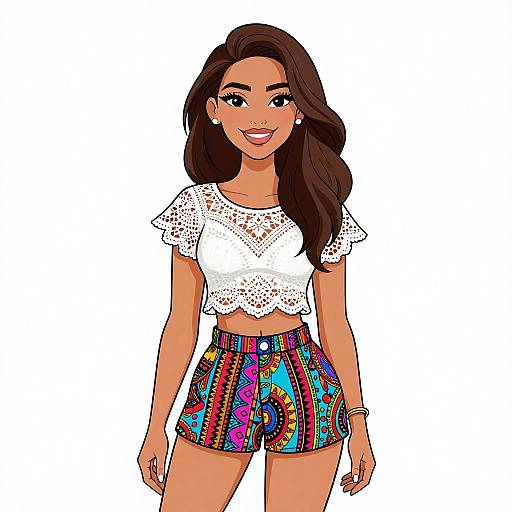 Digital illustration of a smiling young woman with long brown hair, wearing a white lace crop top and colorful, patterned high-waisted shorts.