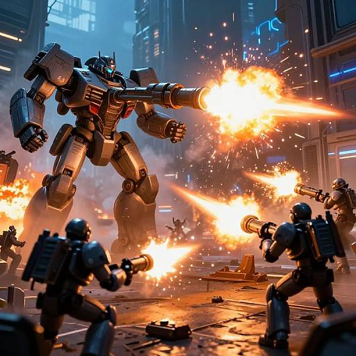 CGI action scene of a large, metallic robot firing bright orange energy beams, surrounded by smaller robots and explosions in a futuristic, urban battlefield.