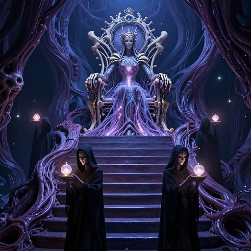 Digital artwork of a glowing, ethereal throne with a crowned figure, flanked by two hooded figures holding glowing orbs, set in a dark,