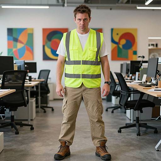 Photograph of a serious-looking man in a neon yellow safety vest, white shirt, beige cargo pants, and brown boots, standing in a modern office