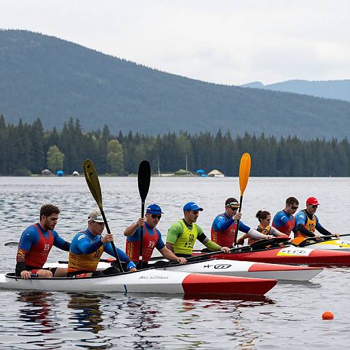 Photograph of seven male kayakers in colorful jerseys and helmets paddling red and white kayaks on a calm lake, with forested mountains in the