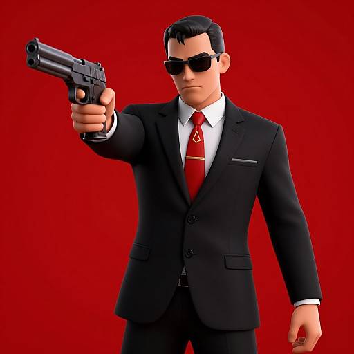3D CGI of a suave man in a black suit, red tie, and sunglasses, pointing a gun forward against a solid red background.