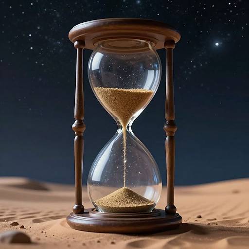 Photograph of an antique wooden hourglass with sand trickling, set against a starry night sky and sandy desert landscape.