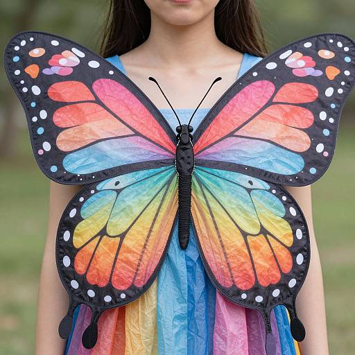 Photograph of a young woman with long dark hair, wearing colorful butterfly wings on a rainbow dress, standing outdoors.