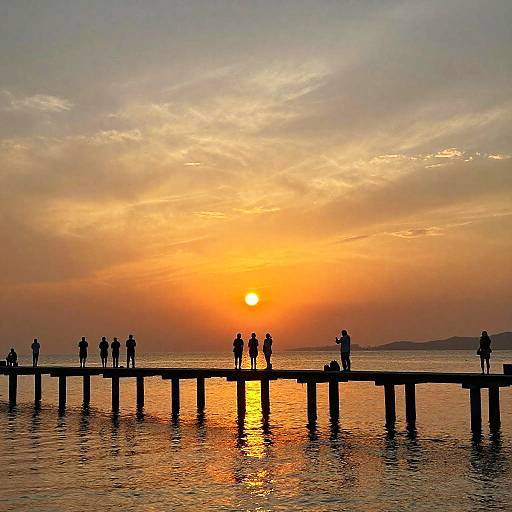 Photograph of a silhouetted pier at sunset, with people standing and walking, reflecting golden and orange hues on calm water.