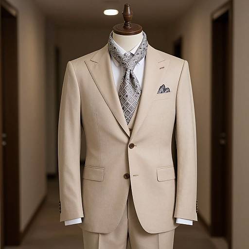 Photograph of a beige men's suit on a mannequin in a hallway, featuring a patterned tie and pocket square.