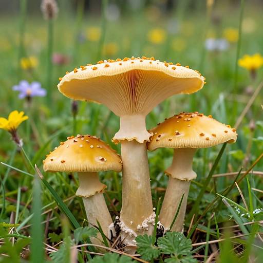 Photograph of three yellow-orange spotted mushrooms with textured caps, standing in a grassy meadow with blurred colorful wildflowers in the background.
