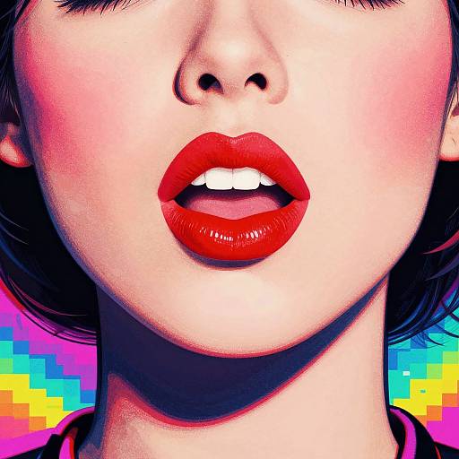 Close-up digital artwork of an Asian woman's face, focusing on her glossy red lips slightly parted, with vibrant, pixelated background.