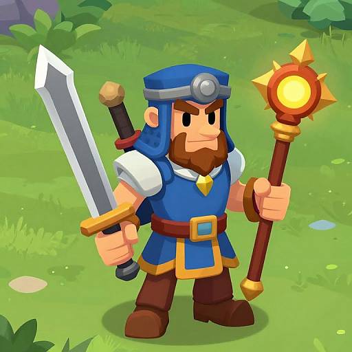 Cartoon-style digital drawing of a bearded knight with blue armor, holding a sword and a glowing staff, standing in a green forest.