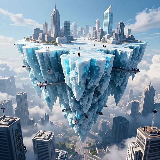 Photorealistic CGI of a floating, ice-encrusted skyscraper cityscape above a modern urban skyline, with small figures on the ice structure