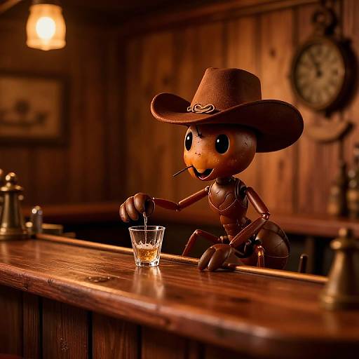 Photograph of a wooden cowboy doll in a brown hat, sipping from a glass on a rustic, dimly-lit wooden bar.