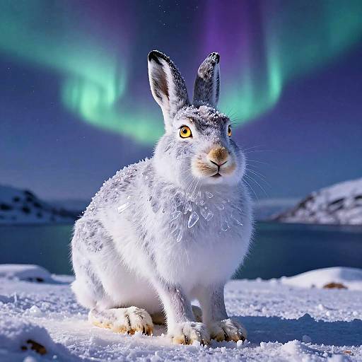 Photograph of a white rabbit with yellow eyes, covered in snow, standing in a snowy landscape under vibrant green and purple auroras.