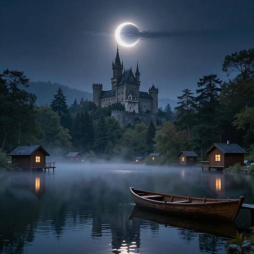 Mystical Nighttime Lake with Castles