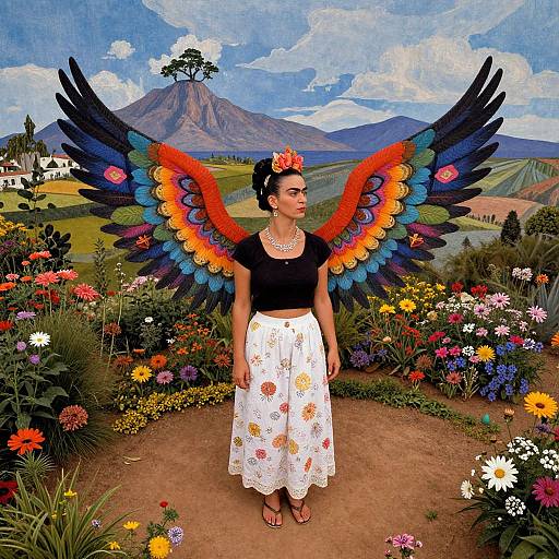 Photograph of a woman with vibrant, colorful feather wings, floral skirt, black top, flower crown, standing in a colorful garden with mountains and a