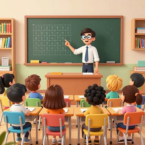 Digital illustration of a classroom: a male teacher with glasses and black hair points at a green chalkboard with a math grid, surrounded by diverse children with