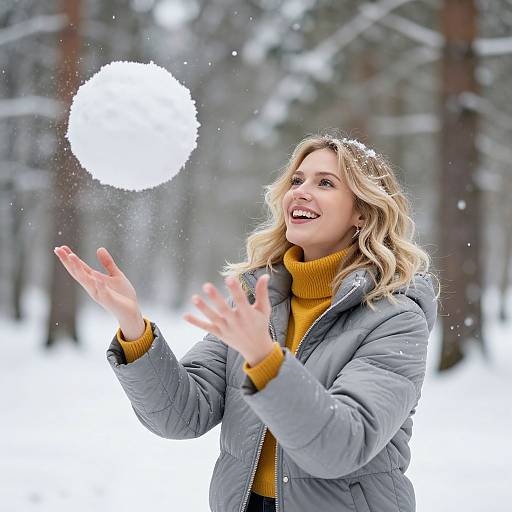 Cheerful Blonde Woman Tossing Snowball