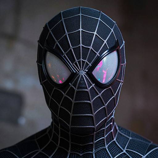 Photograph of a black Spider-Man mask with white web pattern, glowing red and blue eyes, against a dark, blurred background.