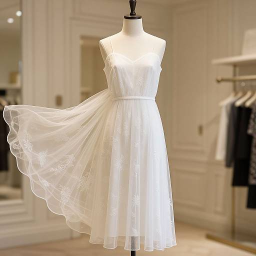 Photograph of a white, sleeveless, floral-embellished, knee-length dress on a mannequin, displayed in a well-lit