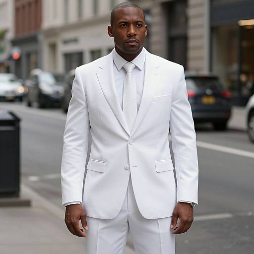 Photograph of a tall, muscular Black man in a sharp, white suit standing confidently on a busy urban street.