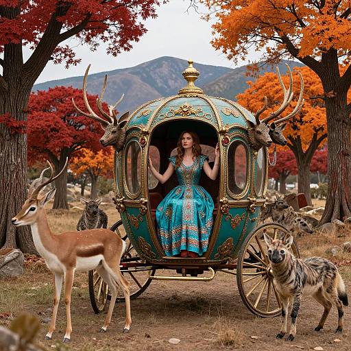 Photograph of a woman in a turquoise, gold-embroidered dress, seated in an ornate, deer-headed carriage, surrounded by autumn trees