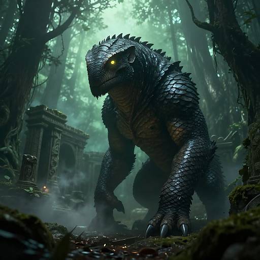 Digital artwork of a menacing, black-scaled, dinosaur-like creature with glowing yellow eyes in a foggy, ancient forest with moss-covered ruins.