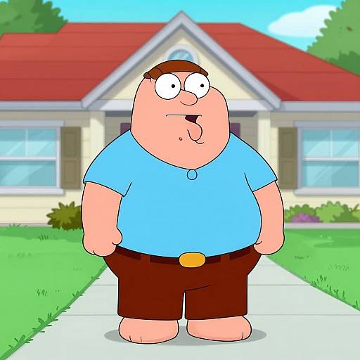 Cartoon of a chubby, fair-skinned man with brown hair, blue shirt, brown shorts, and yellow belt, standing on a suburban sidewalk in