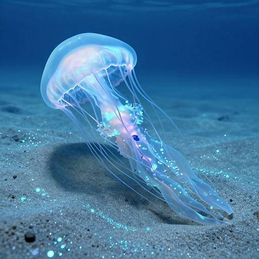 Photograph of a glowing, translucent blue jellyfish with long, flowing tentacles, floating above a sandy ocean floor, illuminated by underwater lights.