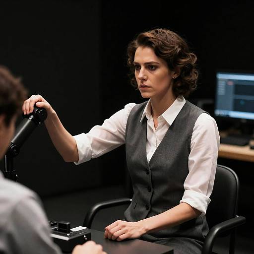 Intense Woman with Mechanical Arms in Shadows