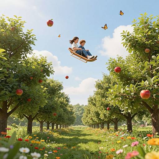Digital artwork: Two children with pigtails, riding a wooden sled through an apple orchard, apples and butterflies floating around, sunny blue sky,