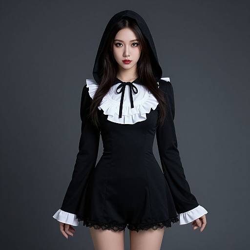 Photograph of an East Asian woman with long black hair, wearing a black gothic dress with white ruffled collar and cuffs, standing against a dark