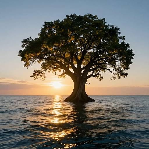 Photograph of a solitary, large tree standing in rippling ocean water at sunset, with sunlight filtering through its leaves.