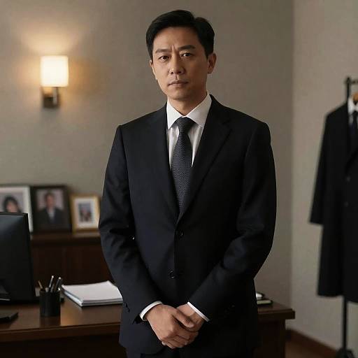 Serious Man in Dimly Lit Office