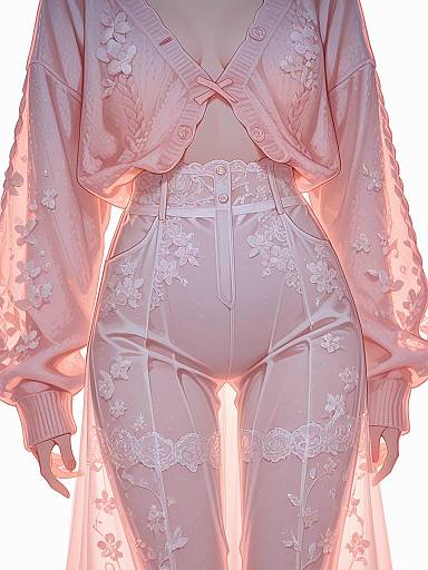 Pastel Pink Sheer Mesh Cardigan and High-Waisted Pants